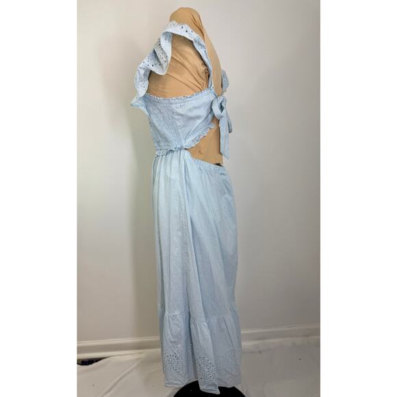 Vintage pale chambray eyelet smocked top maxi dress  women's  size M - Picture 5 of 8